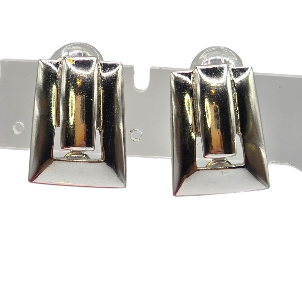 Earrings Monet Geometric Mid Century Modern Design Clip On Silver Tone SKU 3110 - Picture 2 of 8